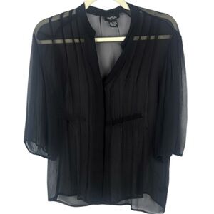 Bob Mackie 100% Silk Classic Black Sheer Blouse with Mandarin Collar Size Large
